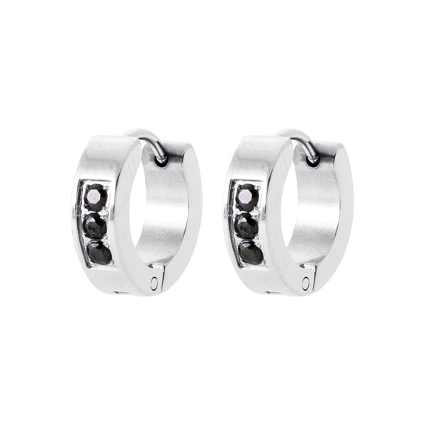 Boucles d’oreilles créoles en acier serties de trois pierres noires homme