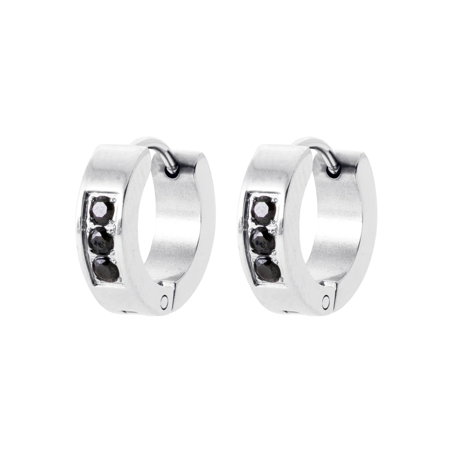 Boucles d’oreilles créoles en acier serties de trois pierres noires homme, vue de face