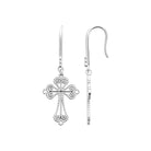 Boucles d’oreilles pendantes croix filigranée en argent rhodié vu de profil