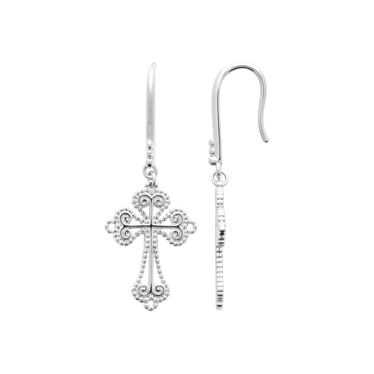 Boucles d’oreilles pendantes croix filigranée en argent rhodié vu de profil