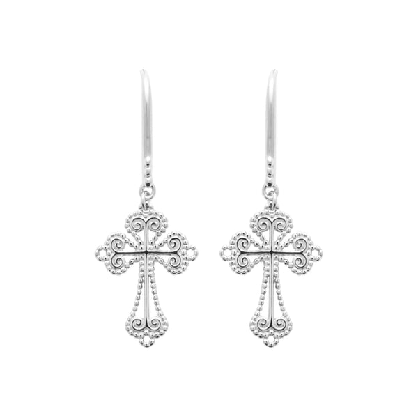 Boucles d’oreilles pendantes croix filigranée en argent rhodié