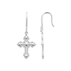 Boucles d’oreilles pendantes croix perlée fleurdelisée en argent rhodié