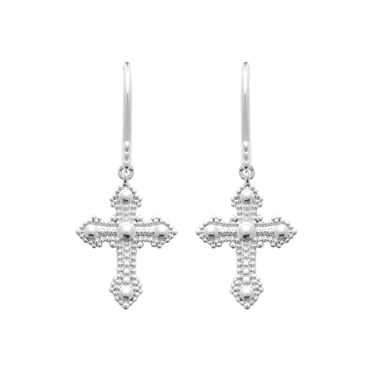 Boucles d’oreilles pendantes croix perlée fleurdelisée en argent rhodié