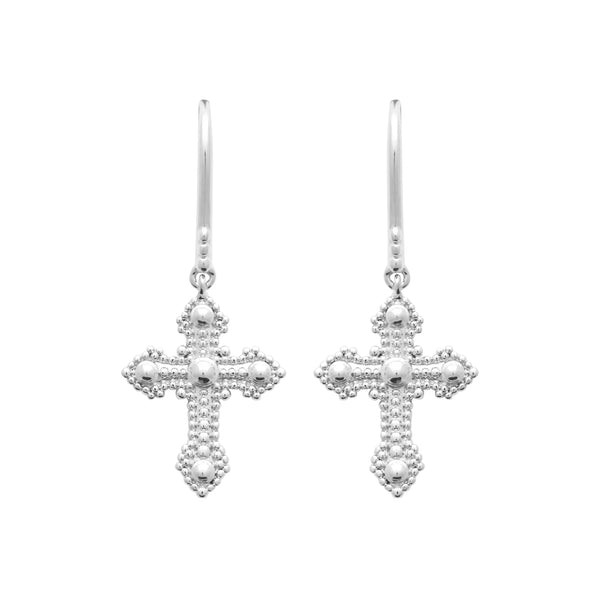 Boucles d’oreilles pendantes croix perlée fleurdelisée en argent rhodié