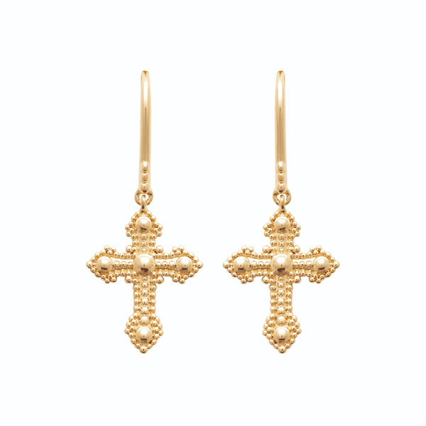 Boucles d’oreilles pendantes croix perlée fleurdelisée en plaqué or