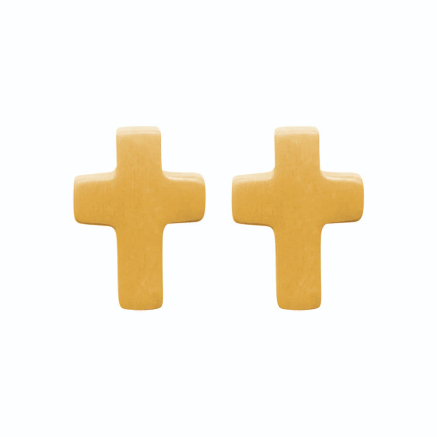 Boucles d’oreilles puces croix en acier PVD doré homme, vue de face