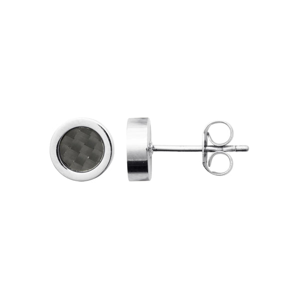 Boucles d’oreilles puces rondes en acier et motif carbone homme, autre vue
