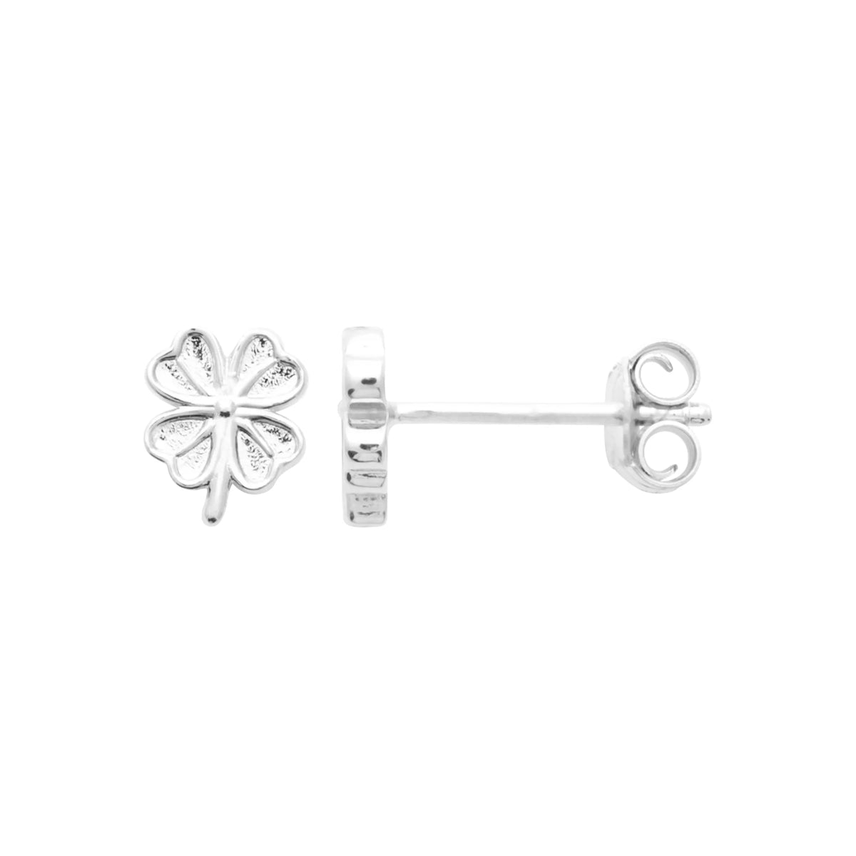 Boucles d’oreilles puces trèfle à quatre feuilles en argent rhodié vu de profil