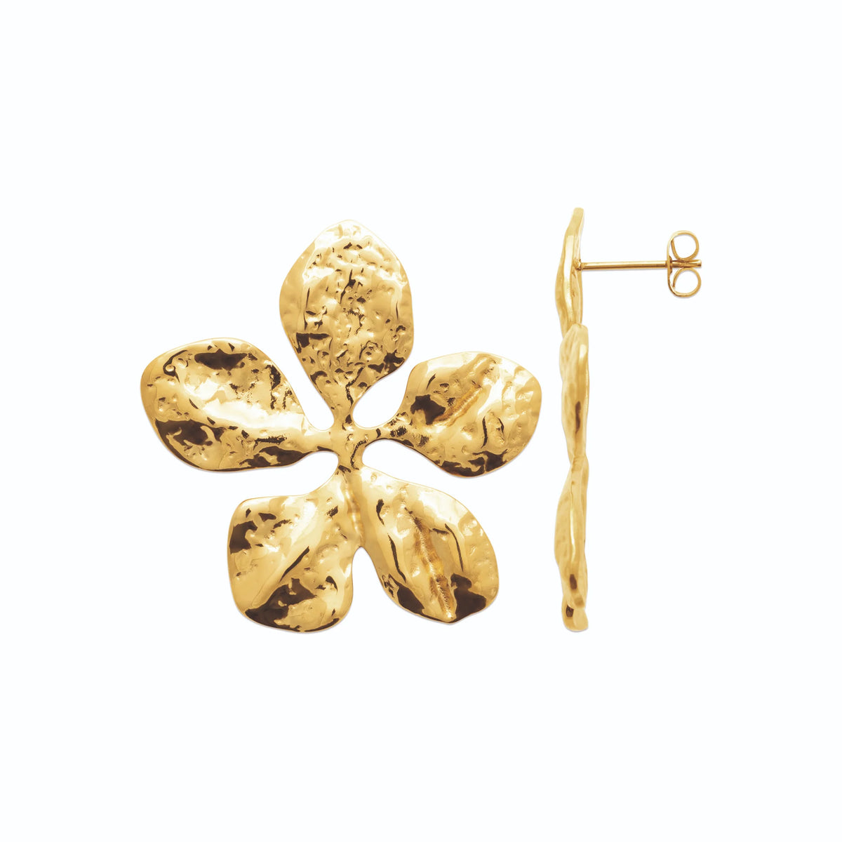 Boucles d’oreilles fleur martelée en acier PVD doré