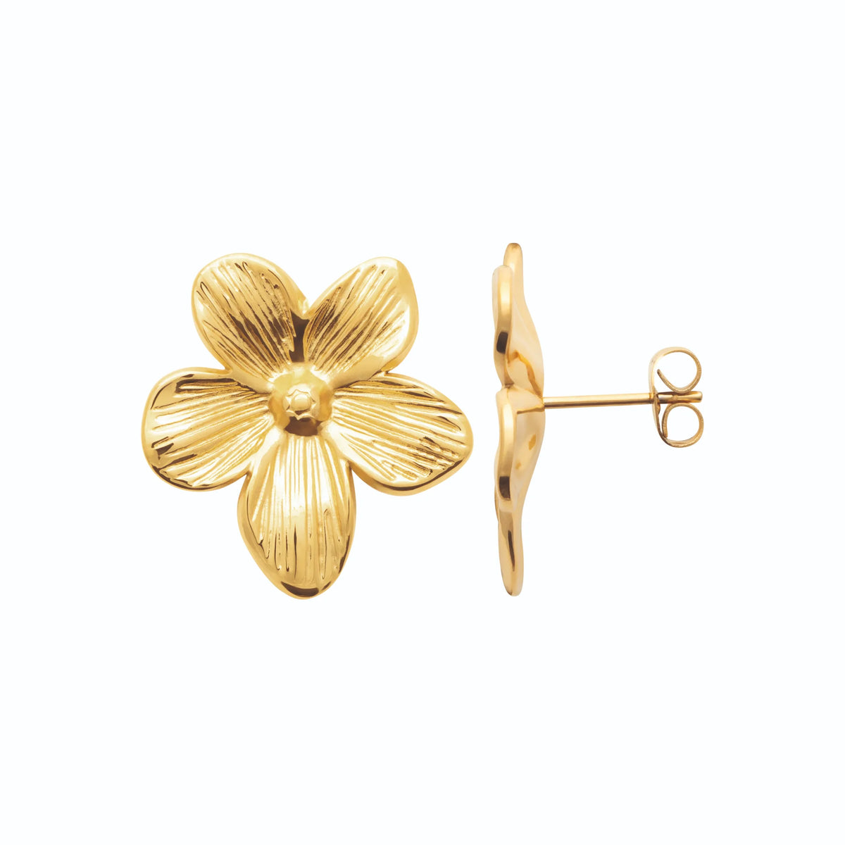 Boucles d’oreilles fleur striée en acier PVD doré