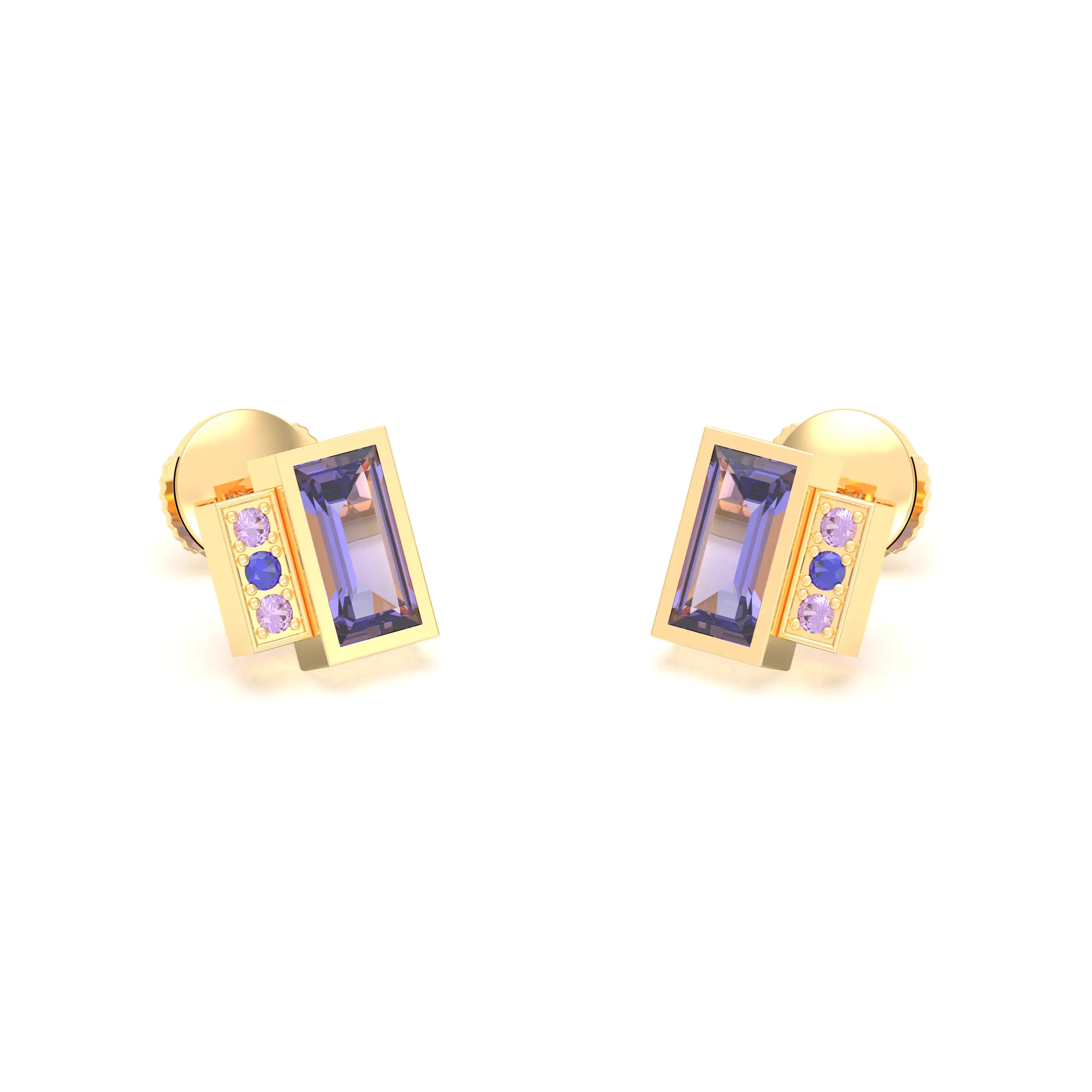 Boucles d'oreilles Art Déco Or Jaune 18 Carats Personnalisables Iolite