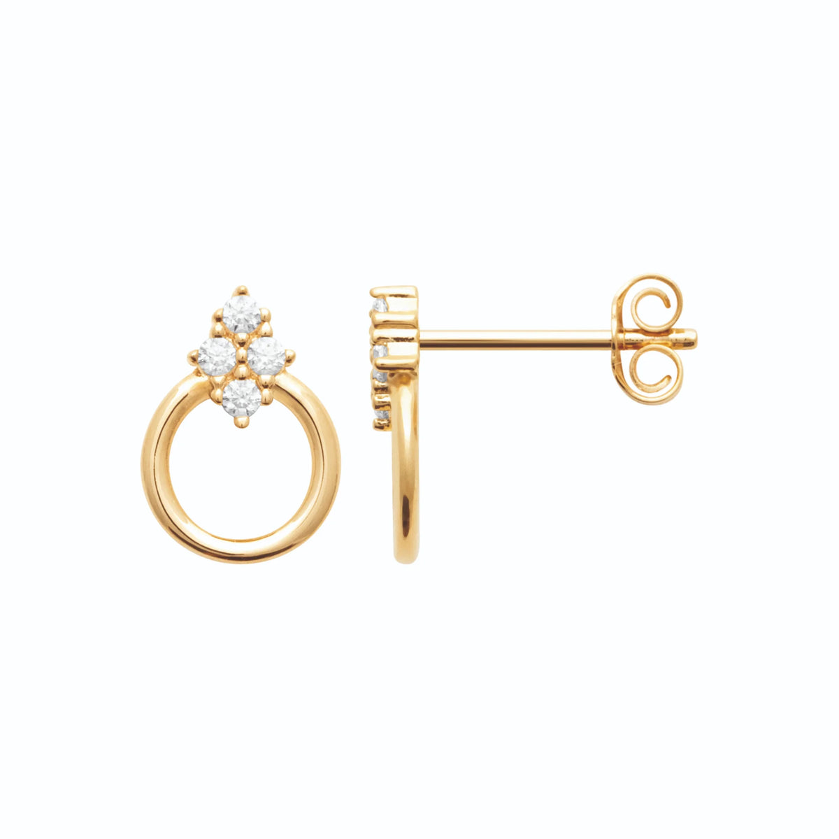 Boucles d’oreilles cercle et trèfle de zircons en plaqué or