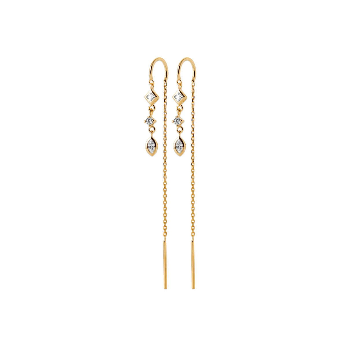 Boucles d’oreilles chaînettes traversantes losanges en plaqué or et zircons