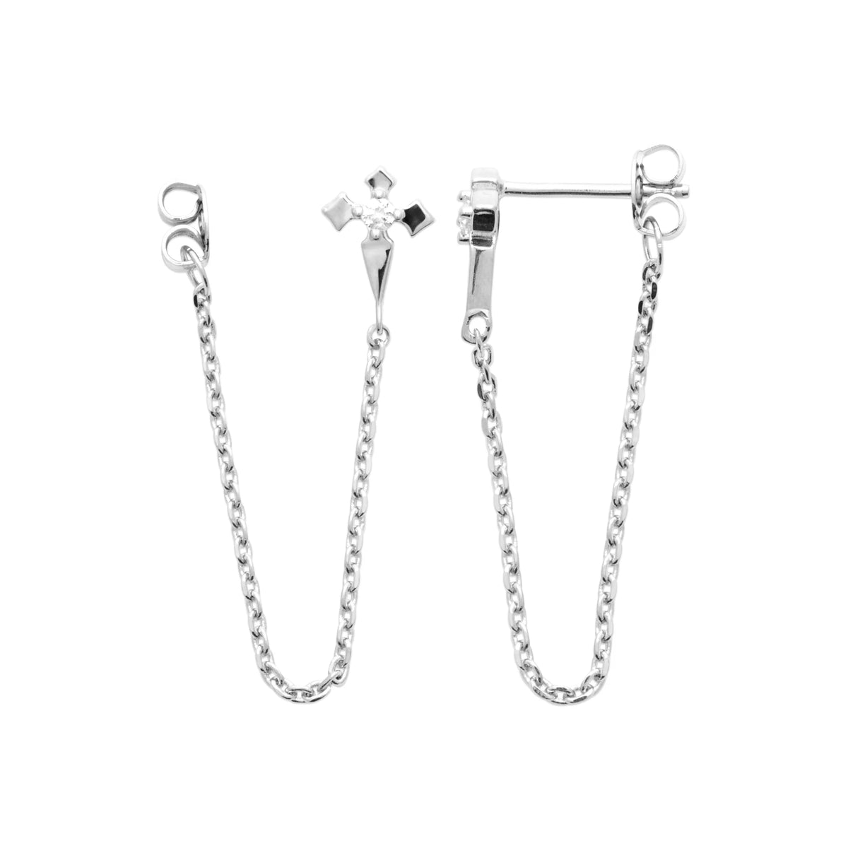 Boucles d’oreilles chaînettes traversantes étoile de zircons en argent 925 rhodié