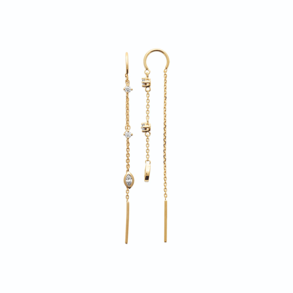 Boucles d’oreilles chaînettes traversantes en plaqué or et zircons