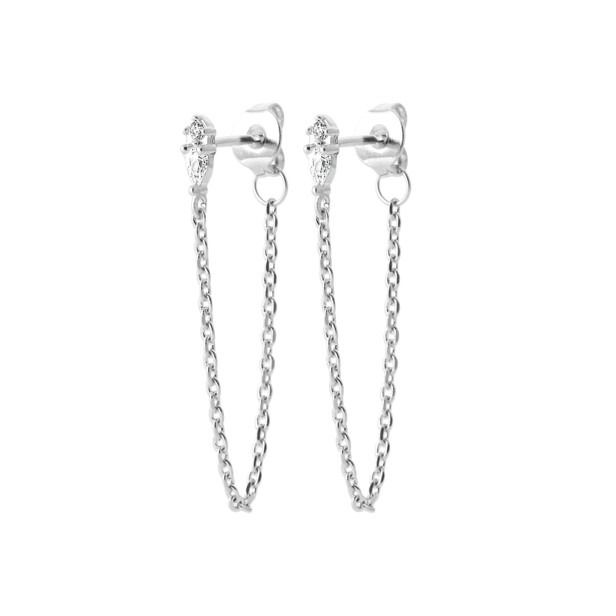 Boucles d’oreilles chaînettes traversantes zircon poire en argent 925 rhodié