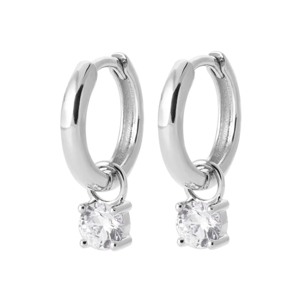 Boucles d’oreilles créoles 12 mm et pampille zircon en argent 925, vue de face