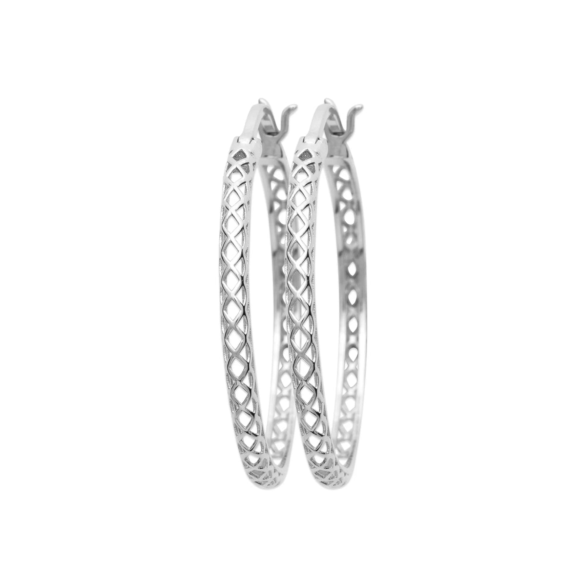 Boucles d’oreilles créoles ajourées 29 mm en argent 925 rhodié, autre angle de vue