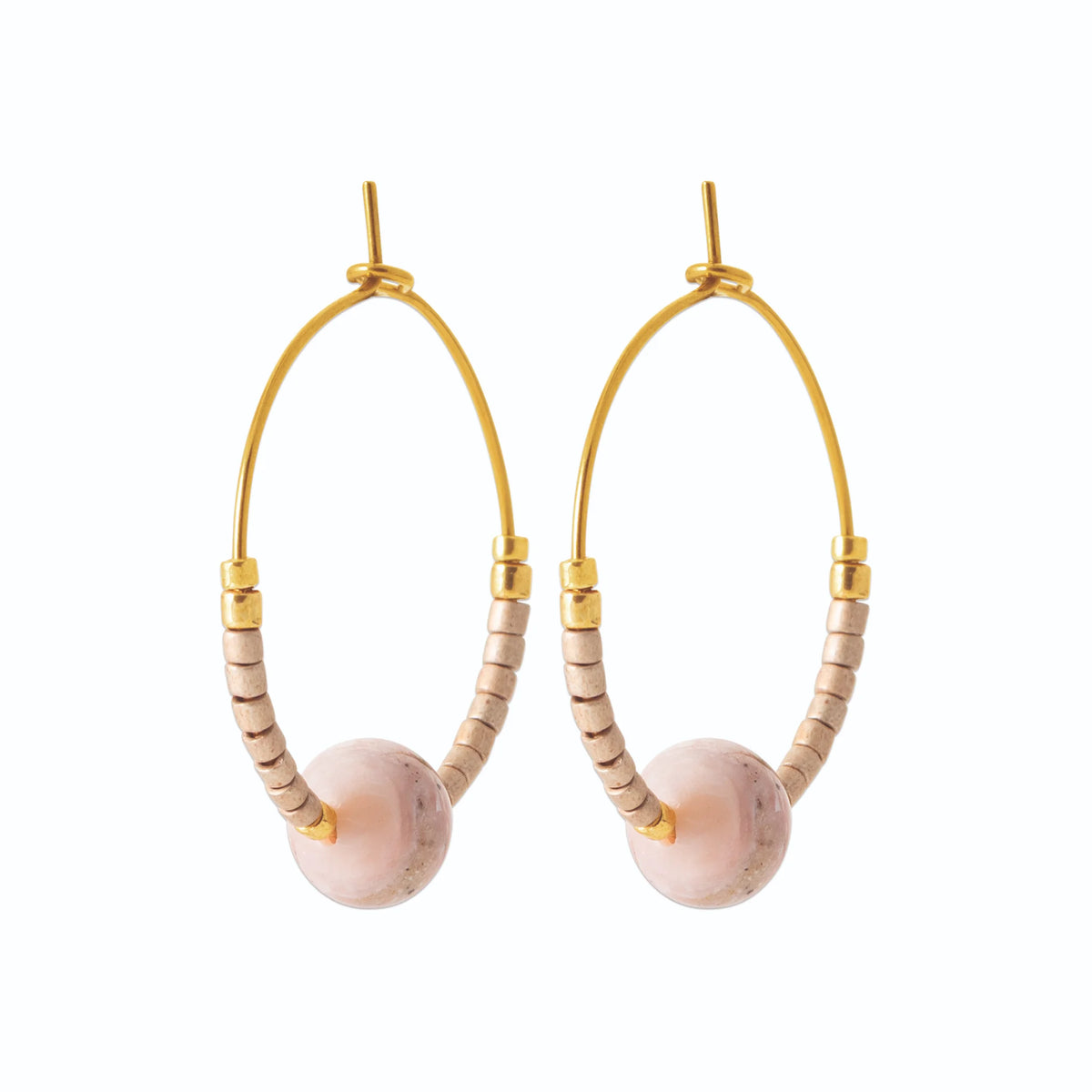 Boucles d’oreilles créoles et bille de pierre rose en acier PVD doré