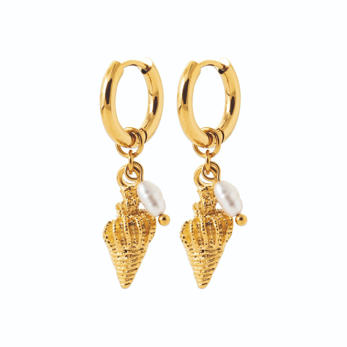 Boucles d’oreilles créoles coquillage conique et perle d’imitation en acier PVD doré