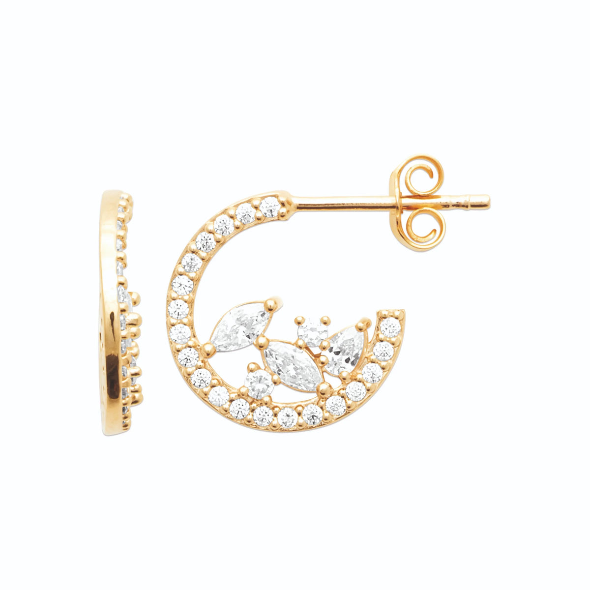 Boucles d’oreilles créoles croissant pavé et zircons ovales en plaqué or