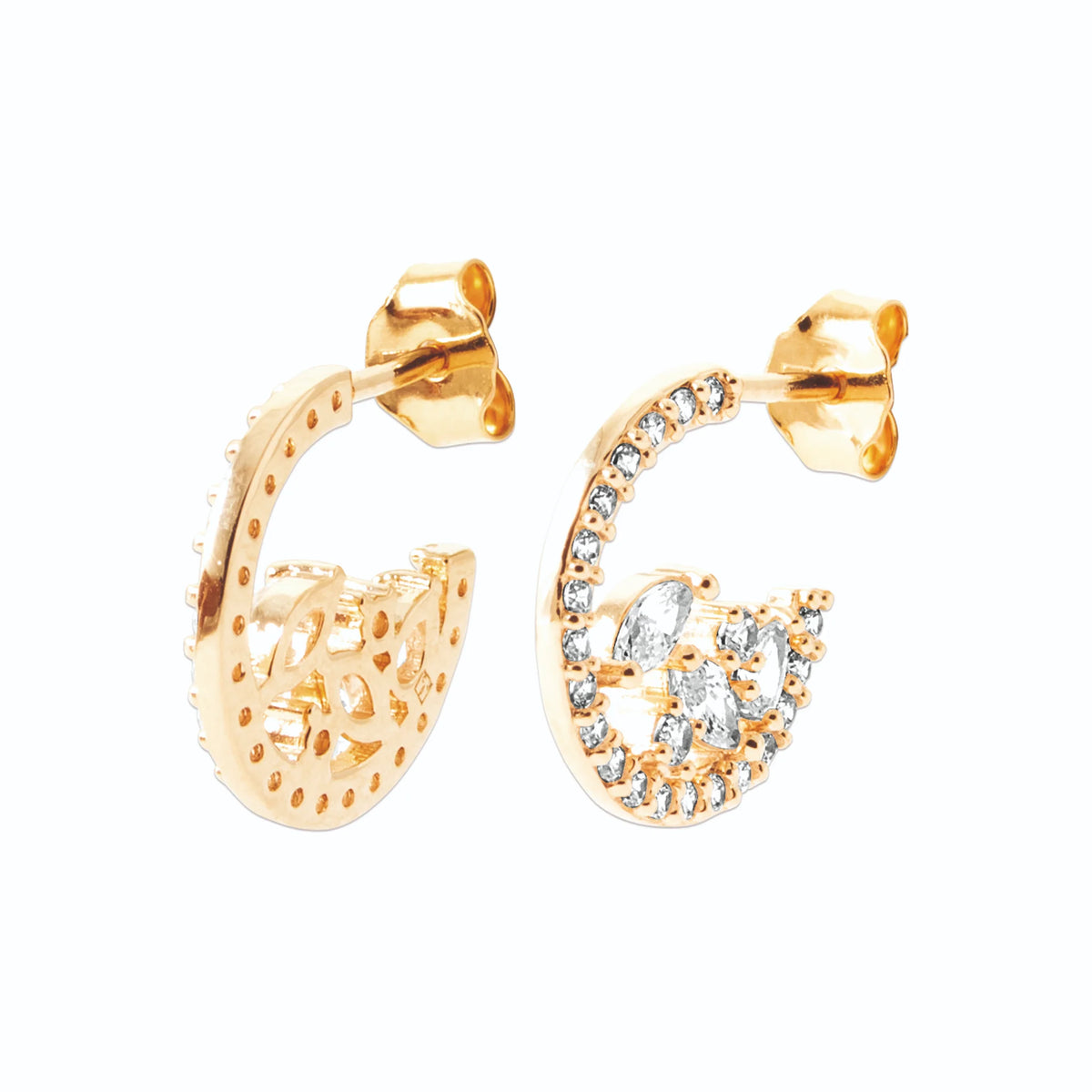 Boucles d’oreilles créoles croissant pavé et zircons ovales en plaqué or