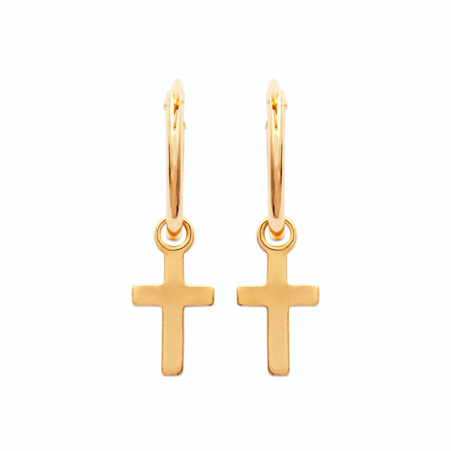 Boucles d’oreilles créoles croix pendante en plaqué or, vue de face