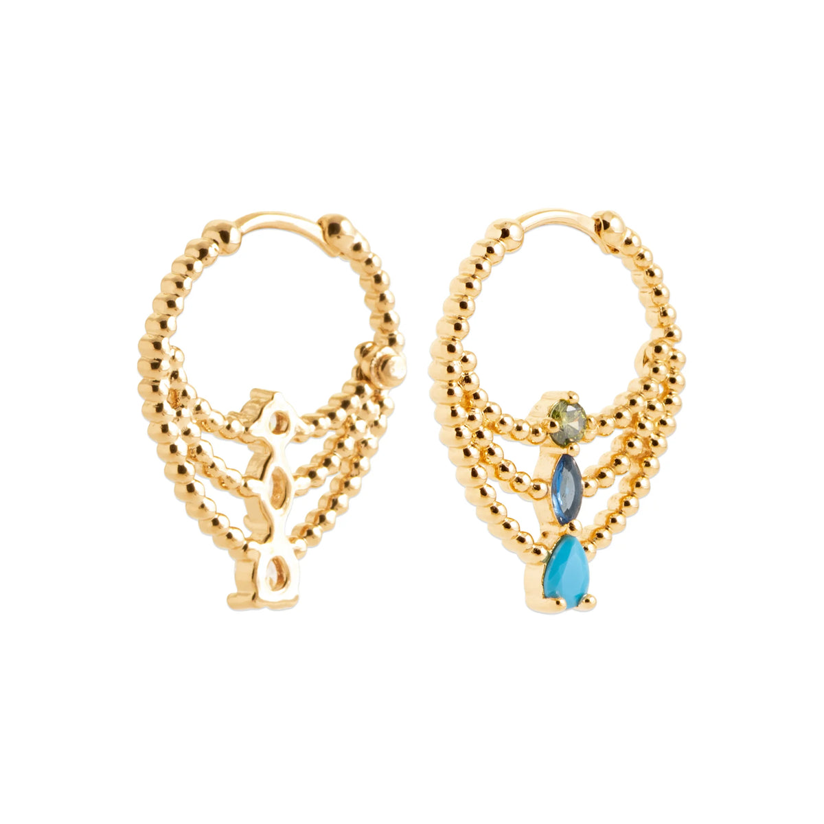 Boucles d’oreilles créoles drapées de billes et pierre bleue en plaqué or