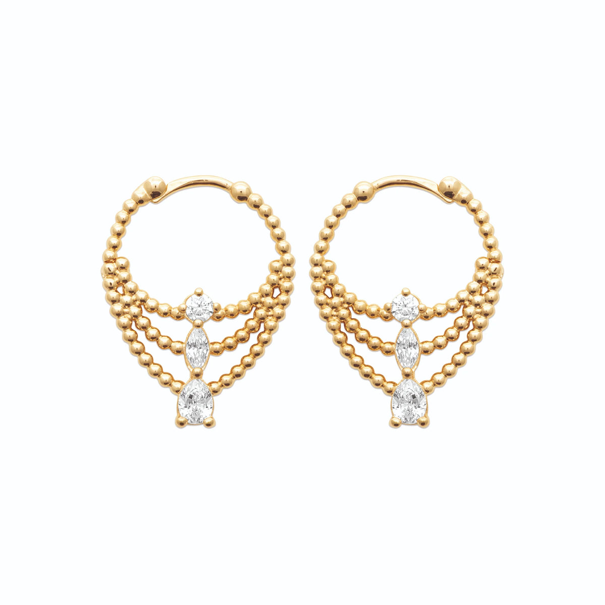 Boucles d’oreilles créoles drapées de billes et zircon en plaqué or