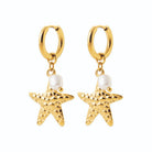 Boucles d’oreilles créoles étoile de mer et perle d’imitation en acier PVD doré