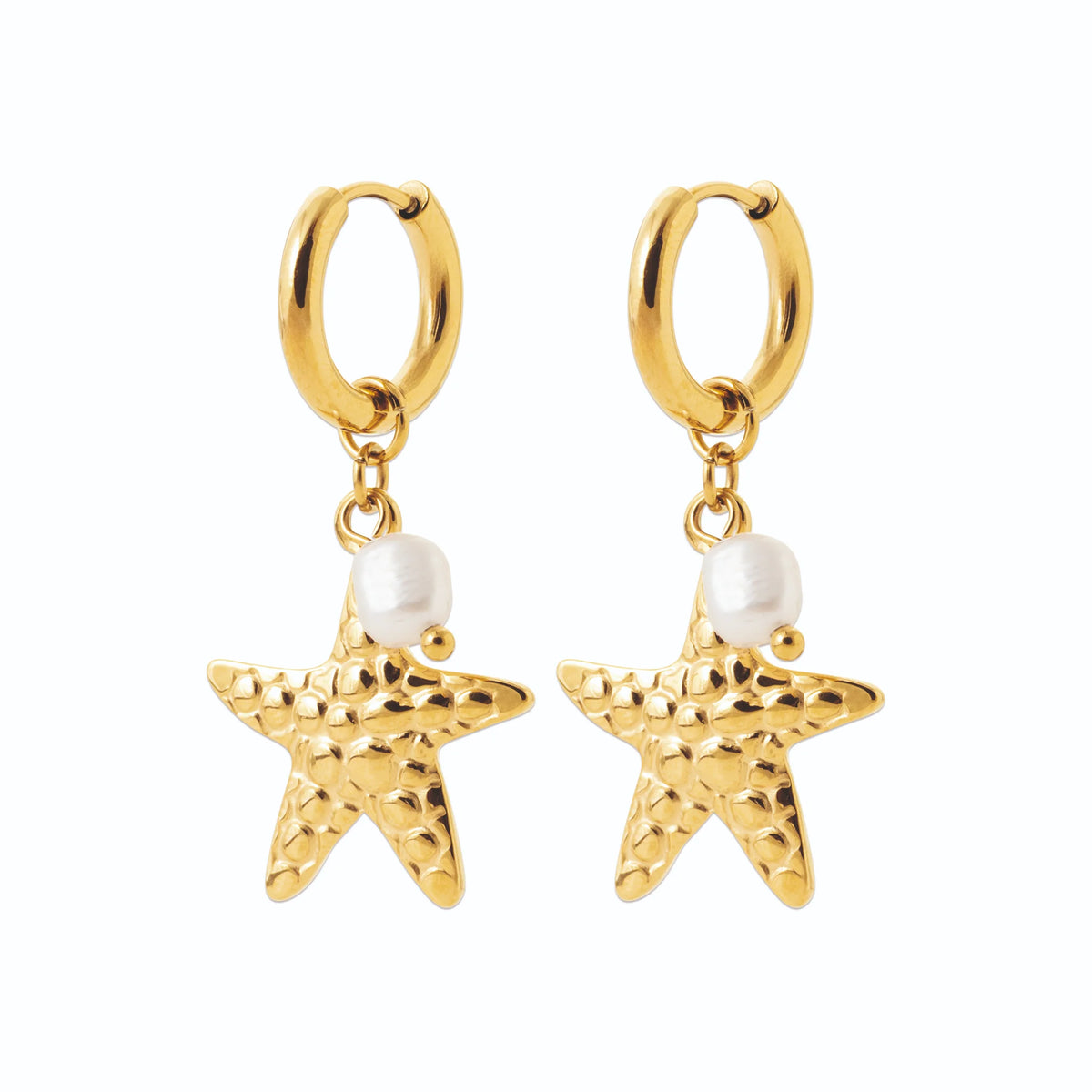 Boucles d’oreilles créoles étoile de mer et perle d’imitation en acier PVD doré