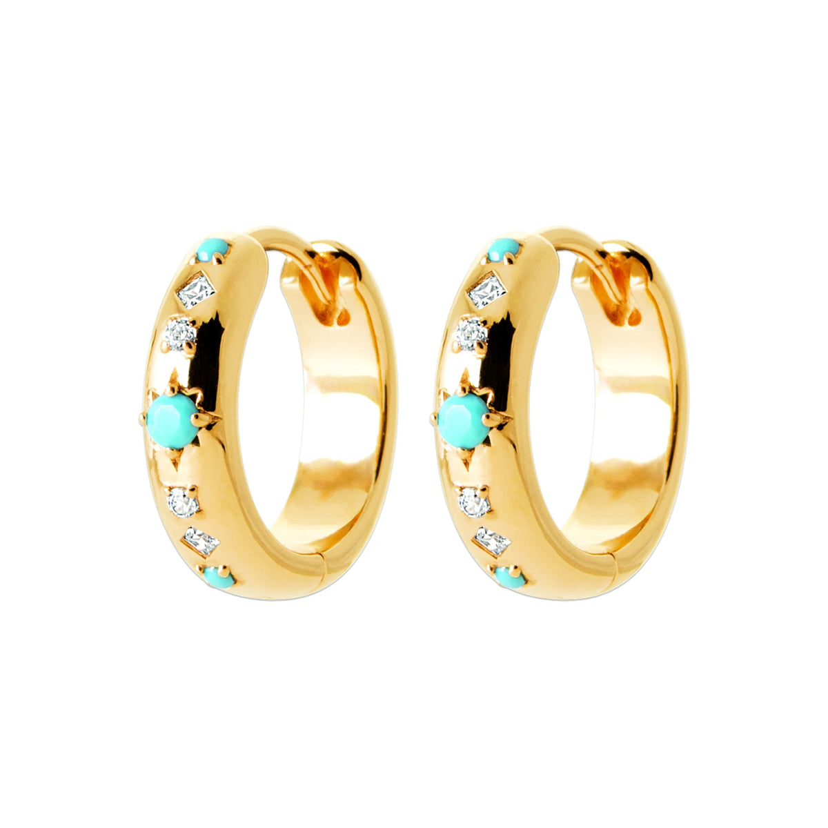 Boucles d’oreilles créoles étoiles de pierres turquoise en plaqué or