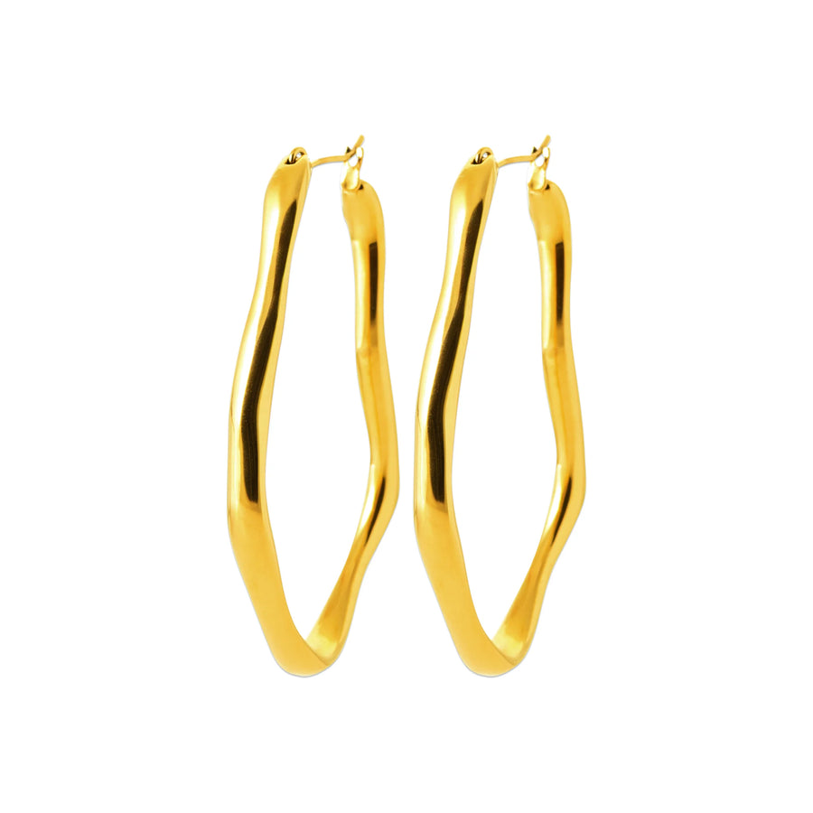 Boucles d’oreilles Créoles Onde Fluide en PVD Doré (Fermoir Papillon), vue de face
