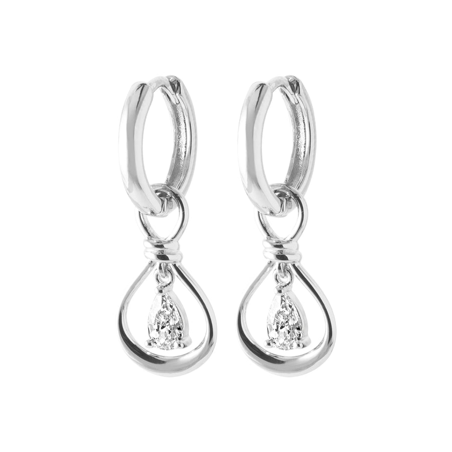 Boucles d’oreilles créoles et goutte ajourée à zircon poire en argent 925 rhodié, vue de face