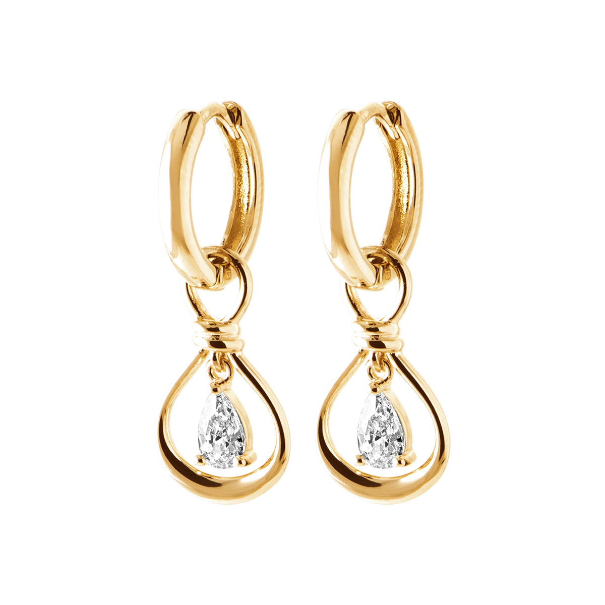 Boucles d’oreilles créoles et goutte ajourée à zircon poire en plaqué or