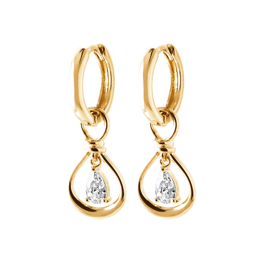 Boucles d’oreilles créoles et goutte ajourée à zircon poire en plaqué or, vue de face