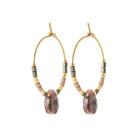 Boucles d’oreilles créoles et goutte de rhodonite en acier PVD doré