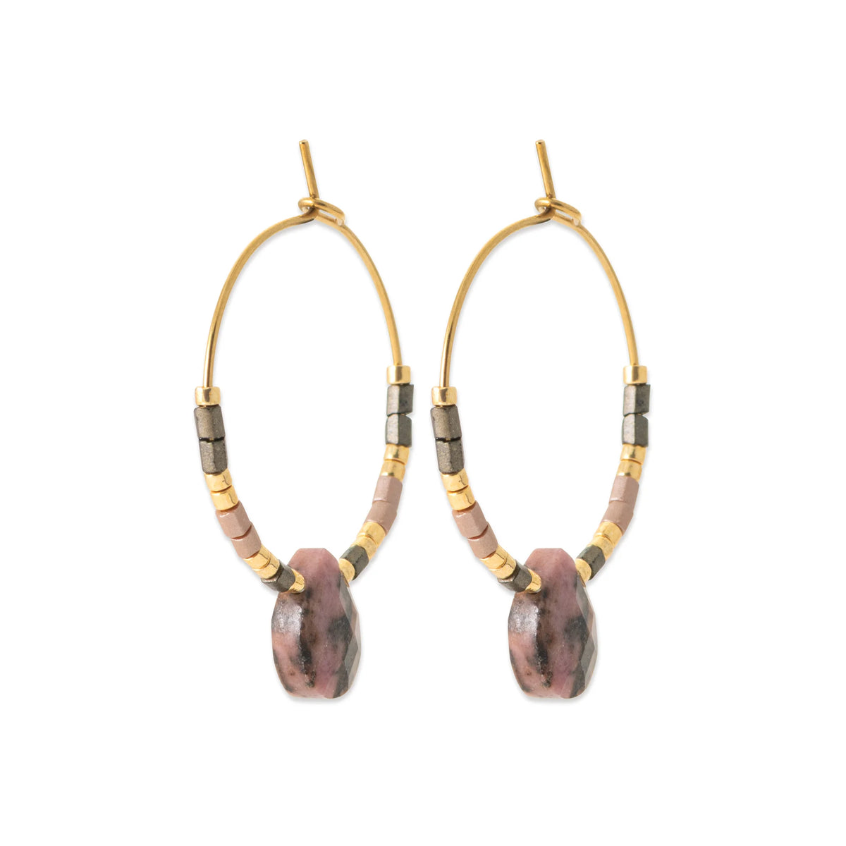 Boucles d’oreilles créoles et goutte de rhodonite en acier PVD doré