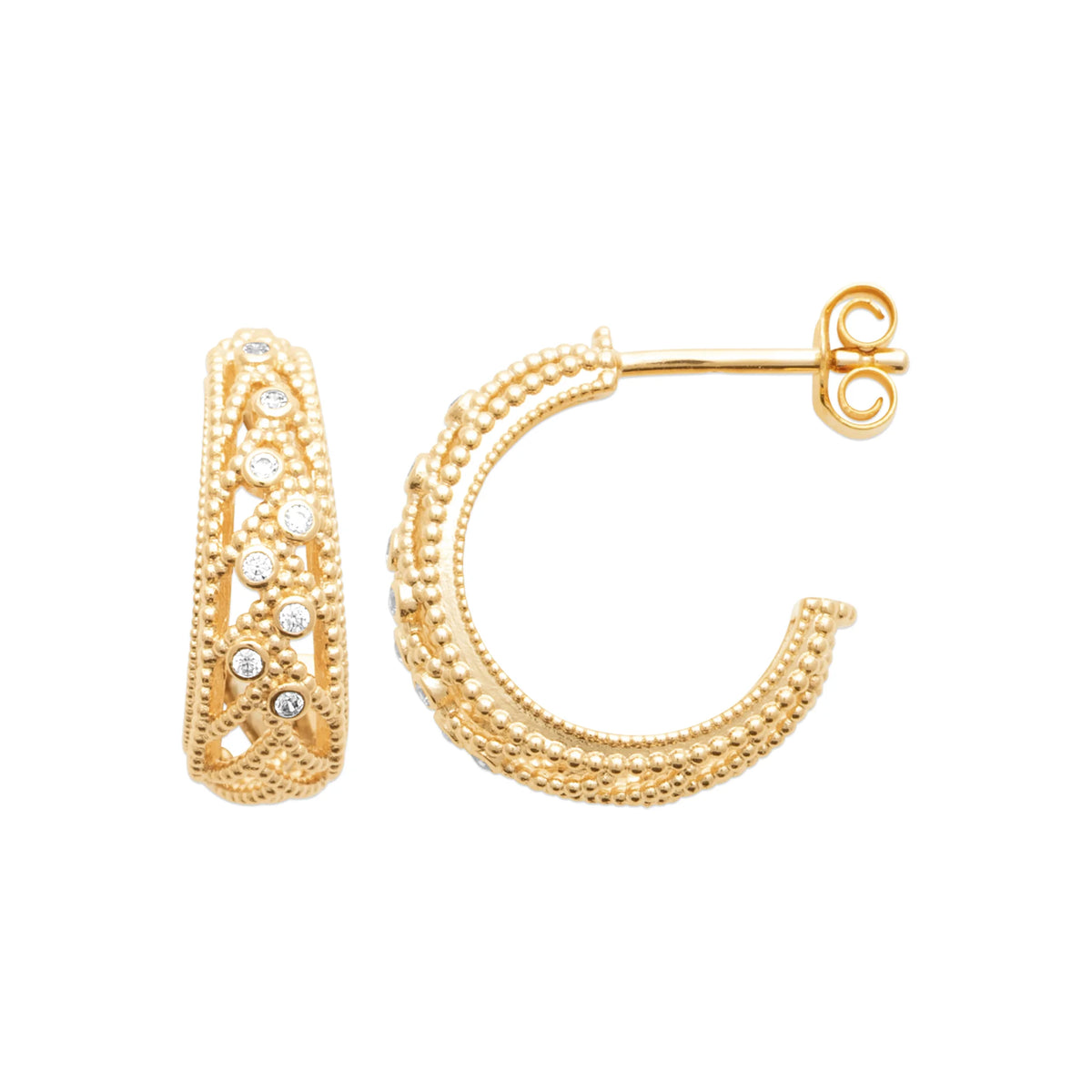 Boucles d’oreilles créoles larges ajourées en losanges de zircons en plaqué or