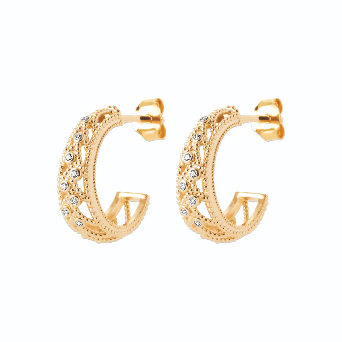 Boucles d’oreilles créoles larges ajourées en losanges de zircons en plaqué or