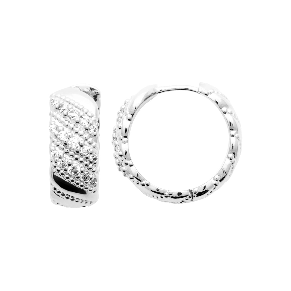 Boucles d’oreilles créoles larges à bandes de zircons en biais en argent 925 rhodié