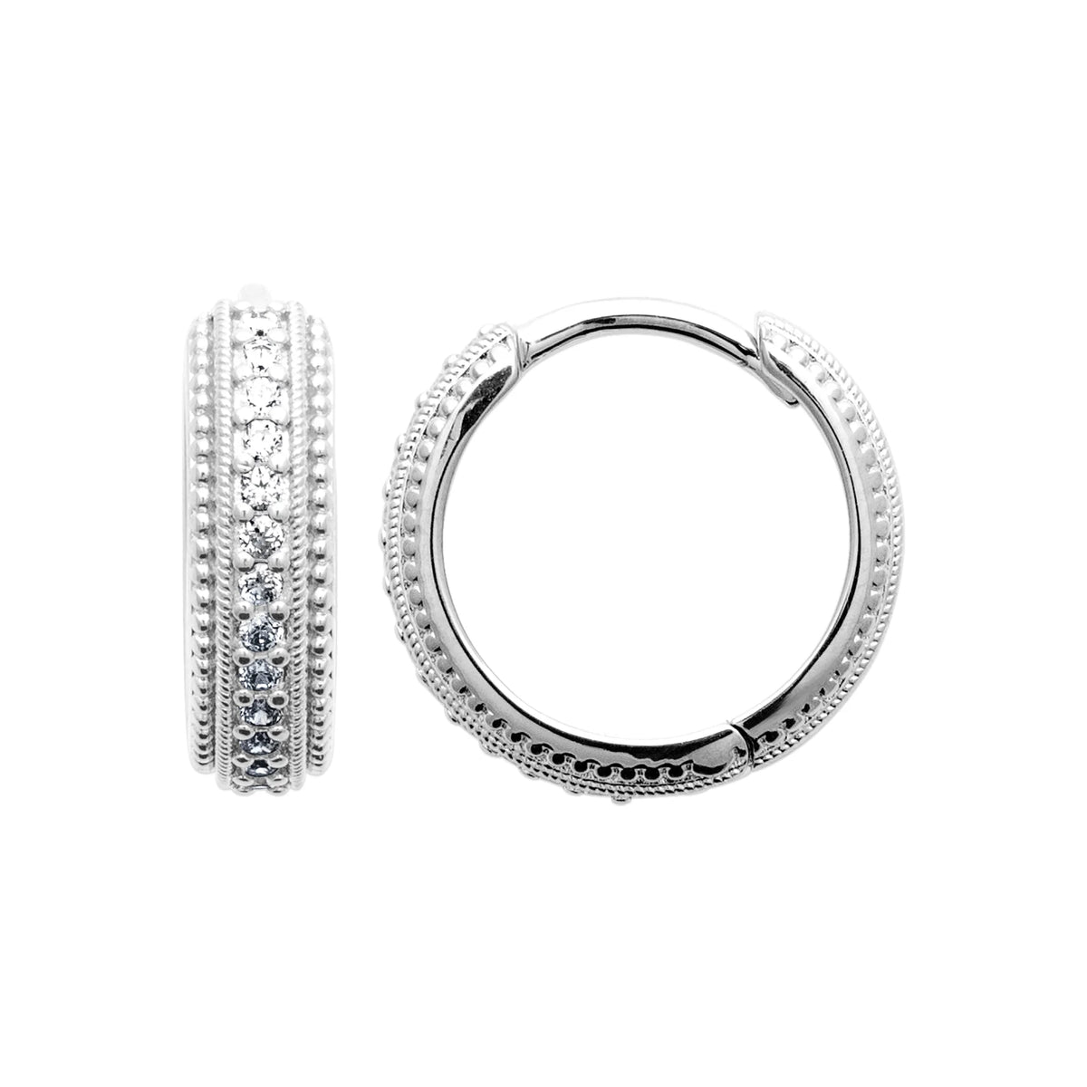 Boucles d’oreilles créoles larges bordées de perles et pavées de zircons en argent 925 rhodié