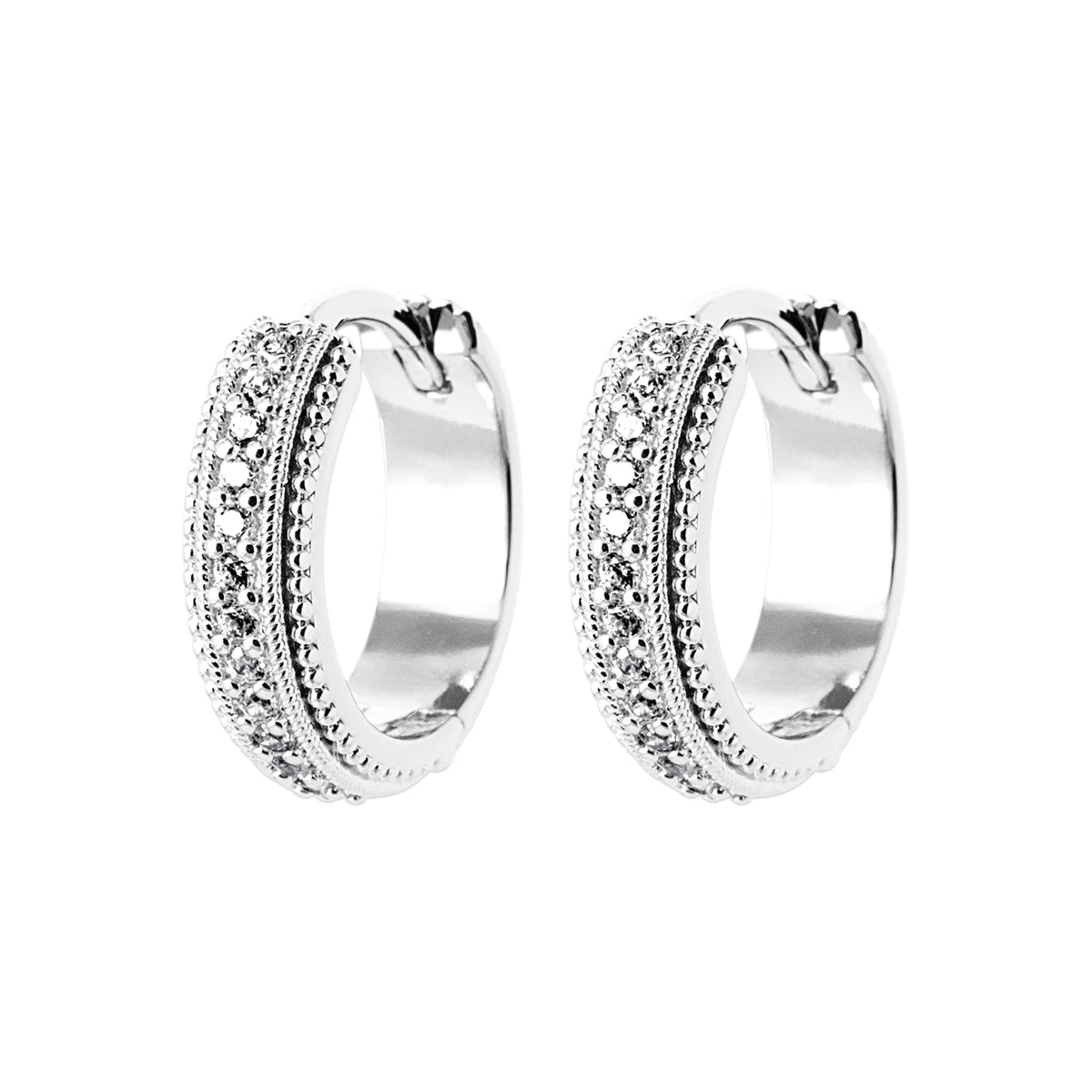 Boucles d’oreilles créoles larges bordées de perles et pavées de zircons en argent 925 rhodié