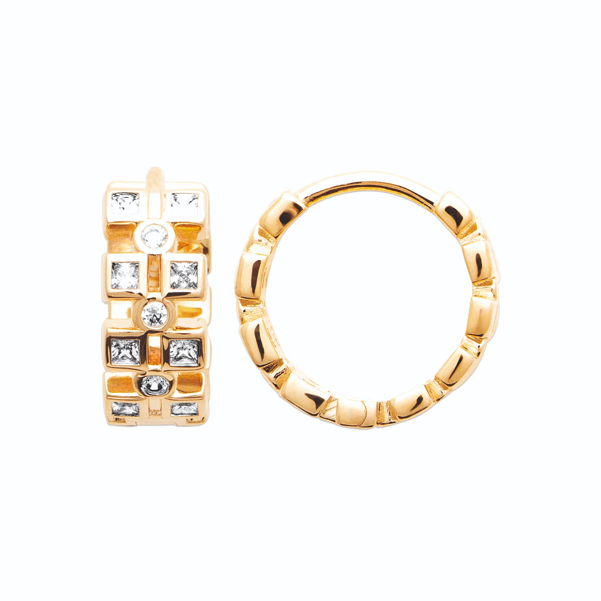 Boucles d’oreilles créoles larges en damier de zircons en plaqué or