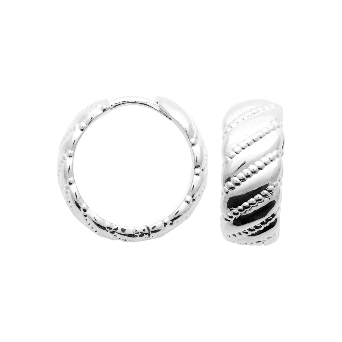Boucles d’oreilles créoles larges godronnées en biais en argent 925 rhodié