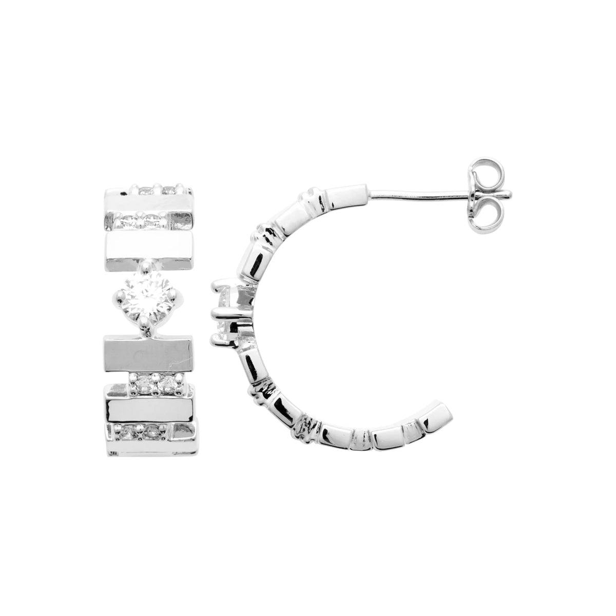 Boucles d’oreilles créoles larges sculptées et zircons en argent 925 rhodié