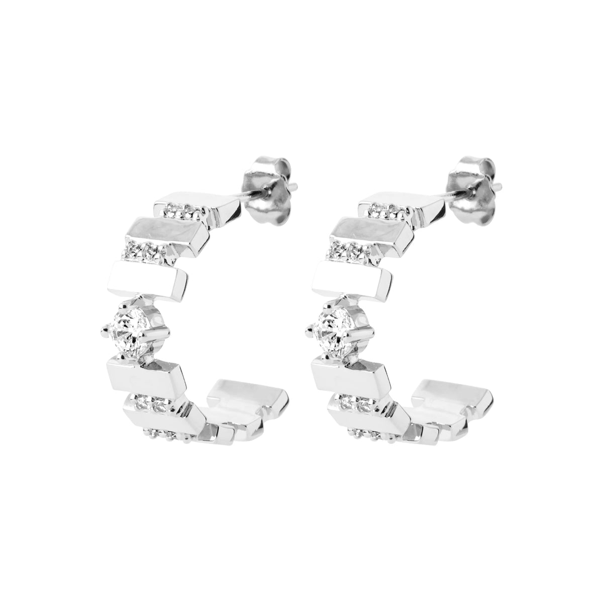 Boucles d’oreilles créoles larges sculptées et zircons en argent 925 rhodié