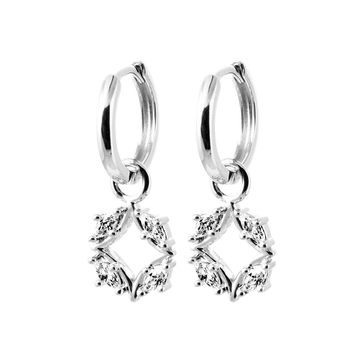 Boucles d’oreilles créoles et losange de navettes en argent 925 rhodié