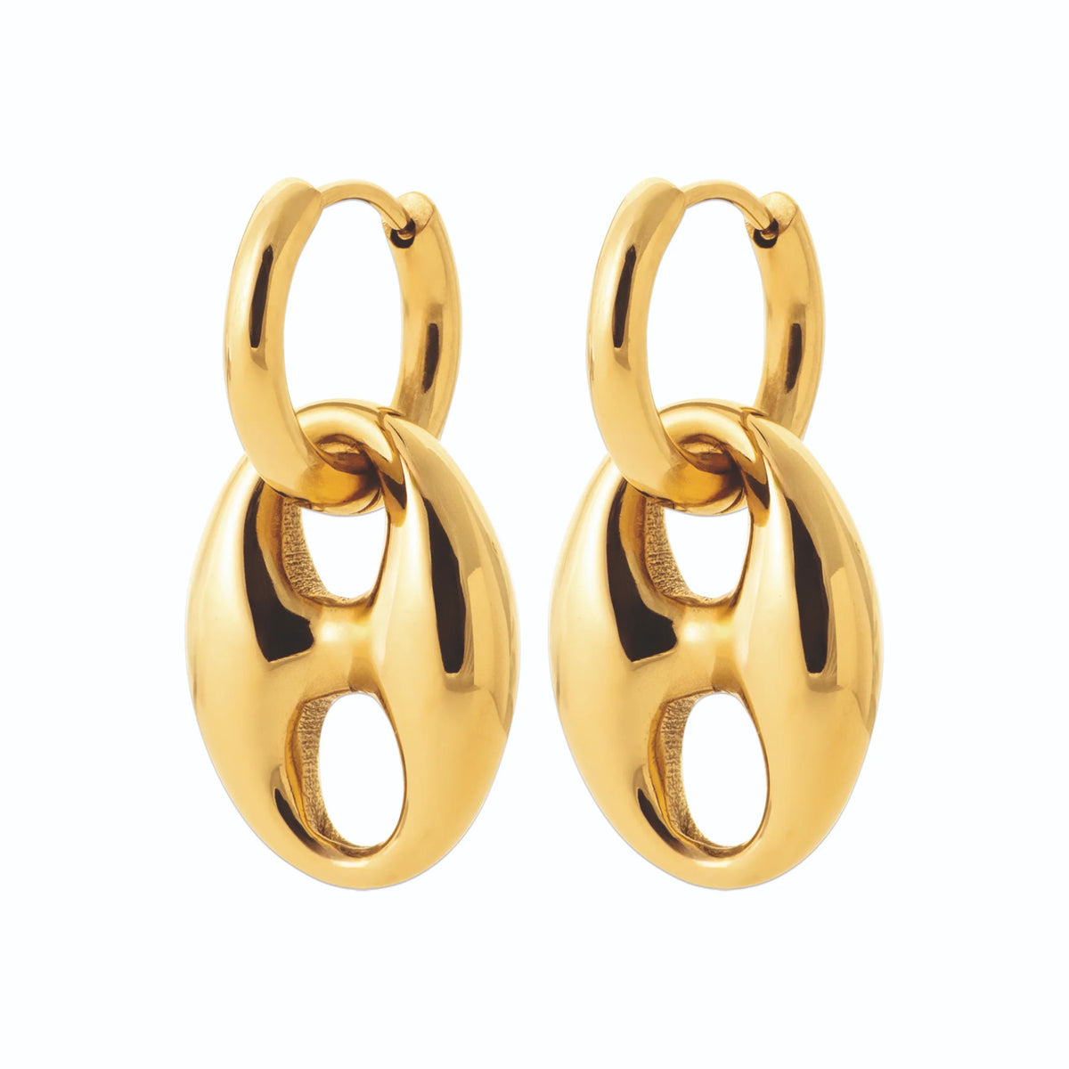 Boucles d’oreilles créoles et maillon grain de café en acier PVD doré
