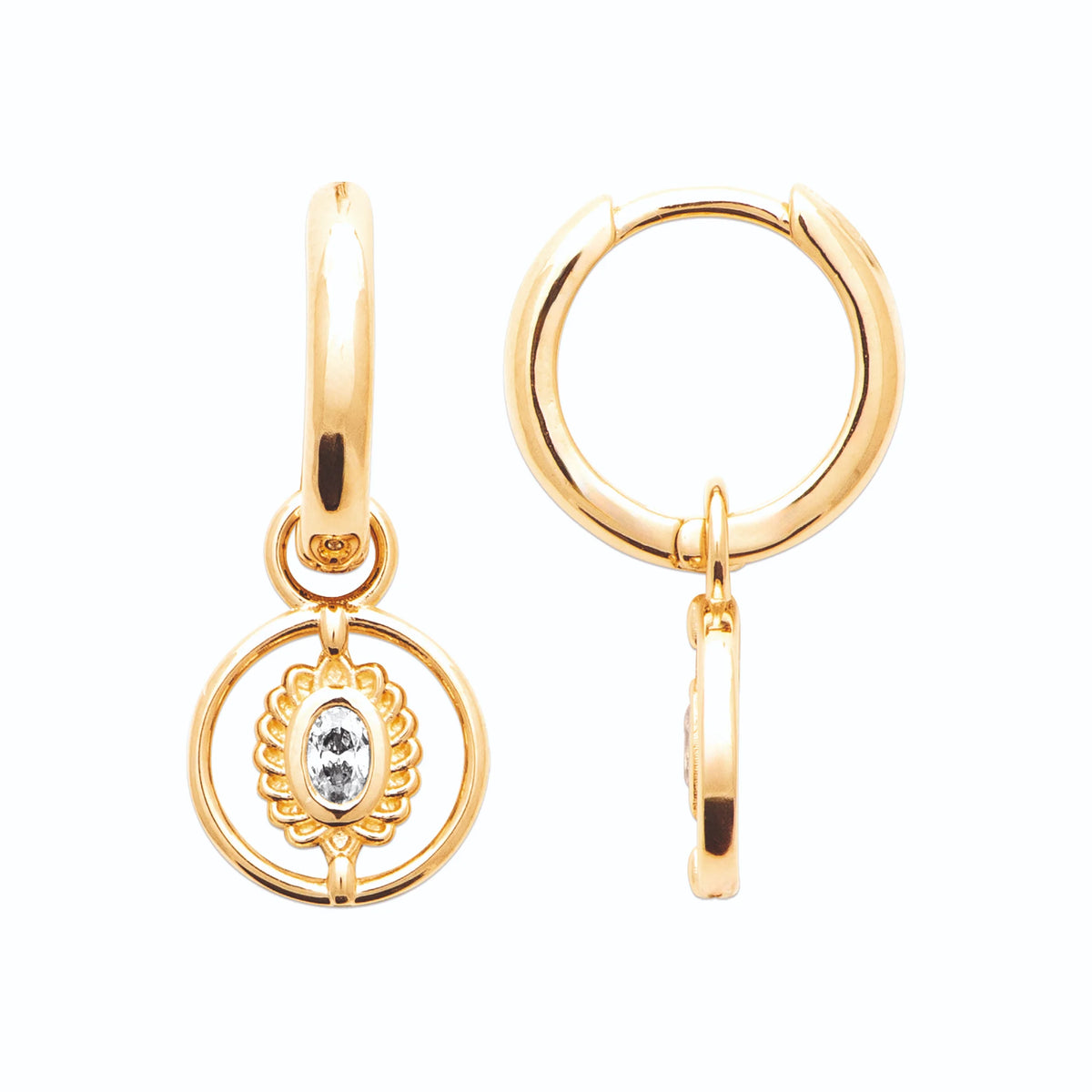 Boucles d’oreilles créoles et médaillon zircon navette en plaqué or
